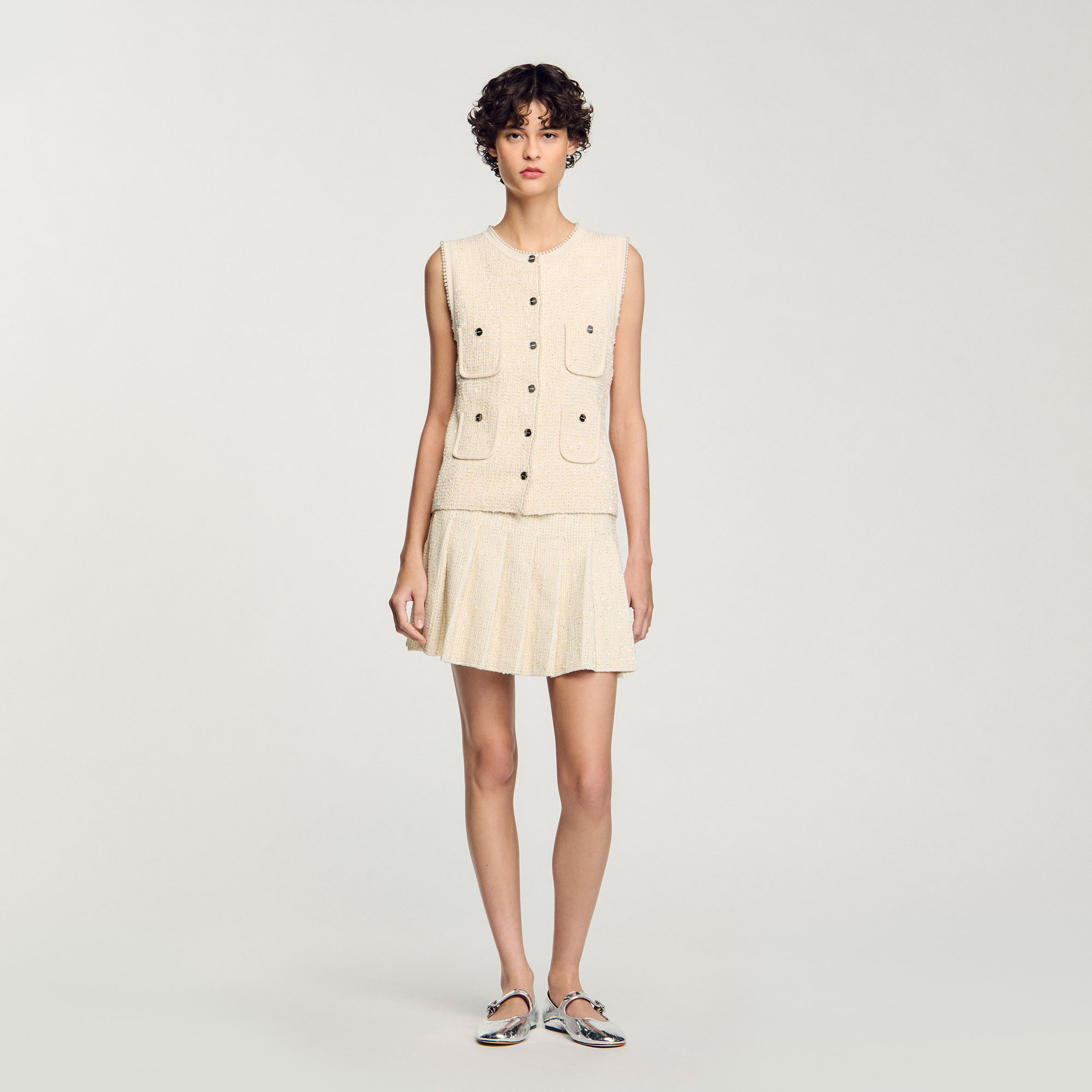 Short tweed pleated skirt white / beige For Women | Sandro Paris