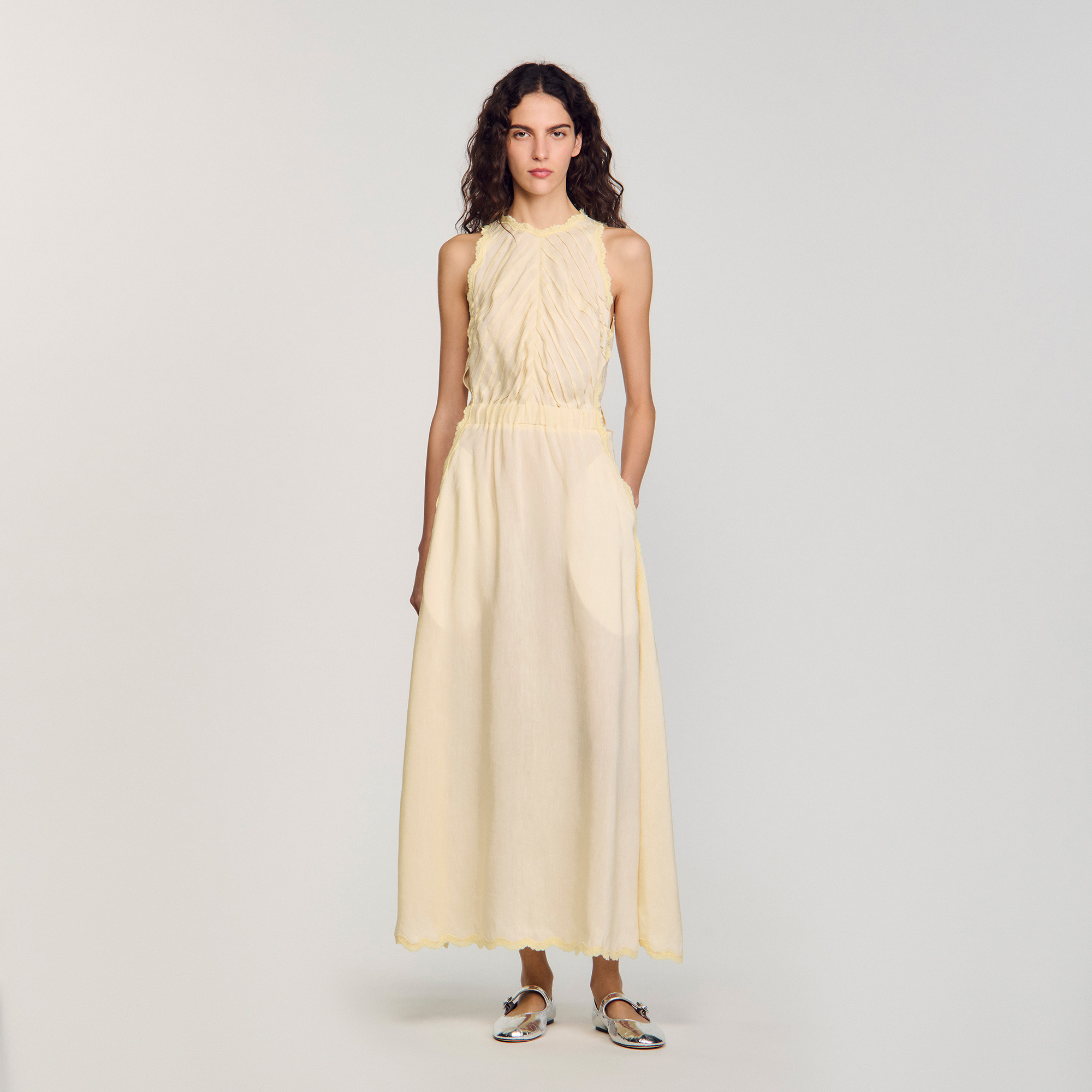 【海外限定】Sandroワンピース☆Oversized Lace-Trim Cotton-Ble Maxi dress with lace details yellow / orange For Women