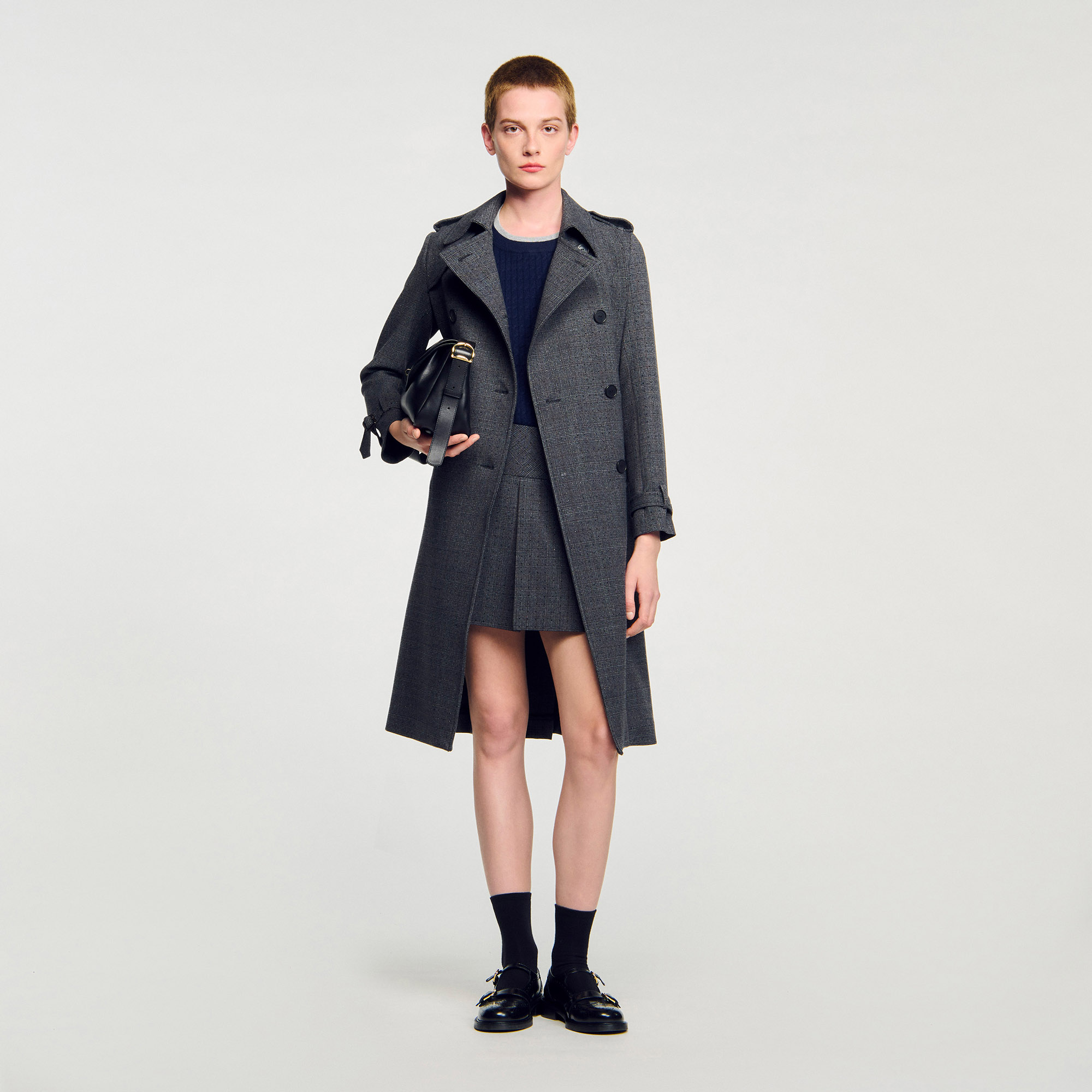 Rhinestone trench coat black / gray For Women | Sandro Paris
