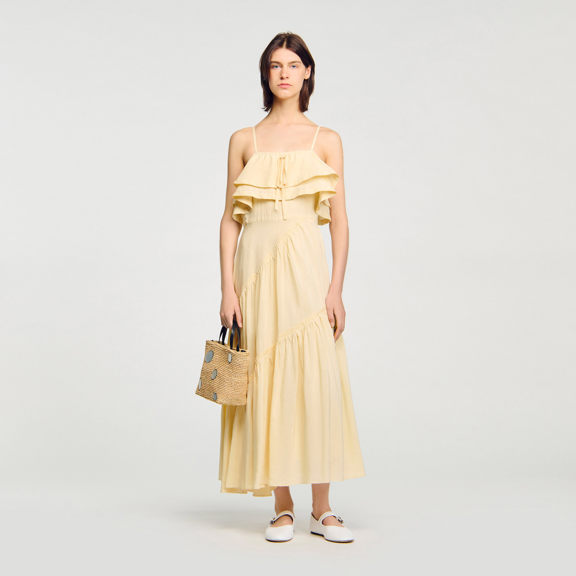 フランス発 Sandro 夏のお出かけ!セレカジ フリル マキシ ドレス Ruffled maxi dress white / beige For Women | Sandro Paris