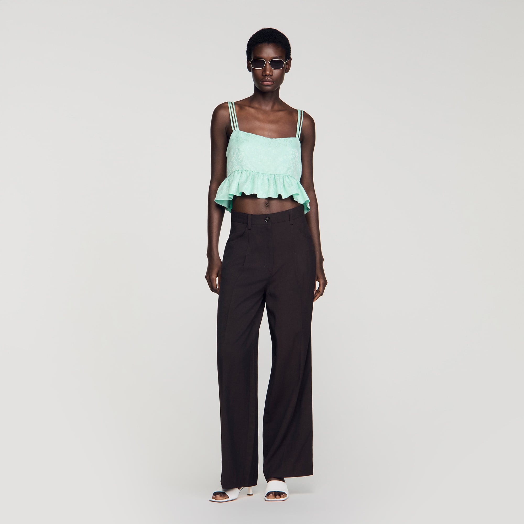 Floral jacquard ruffled crop top green For Women | Sandro Paris