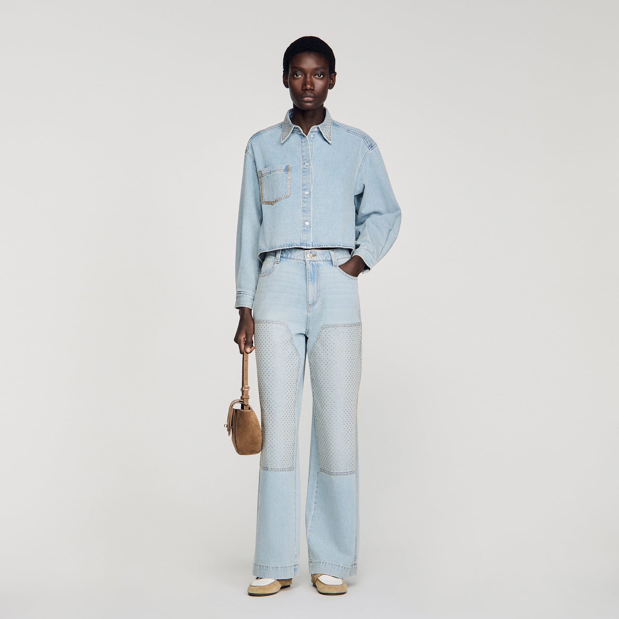 Rhinestone cropped denim shirt For Women | Sandro Paris