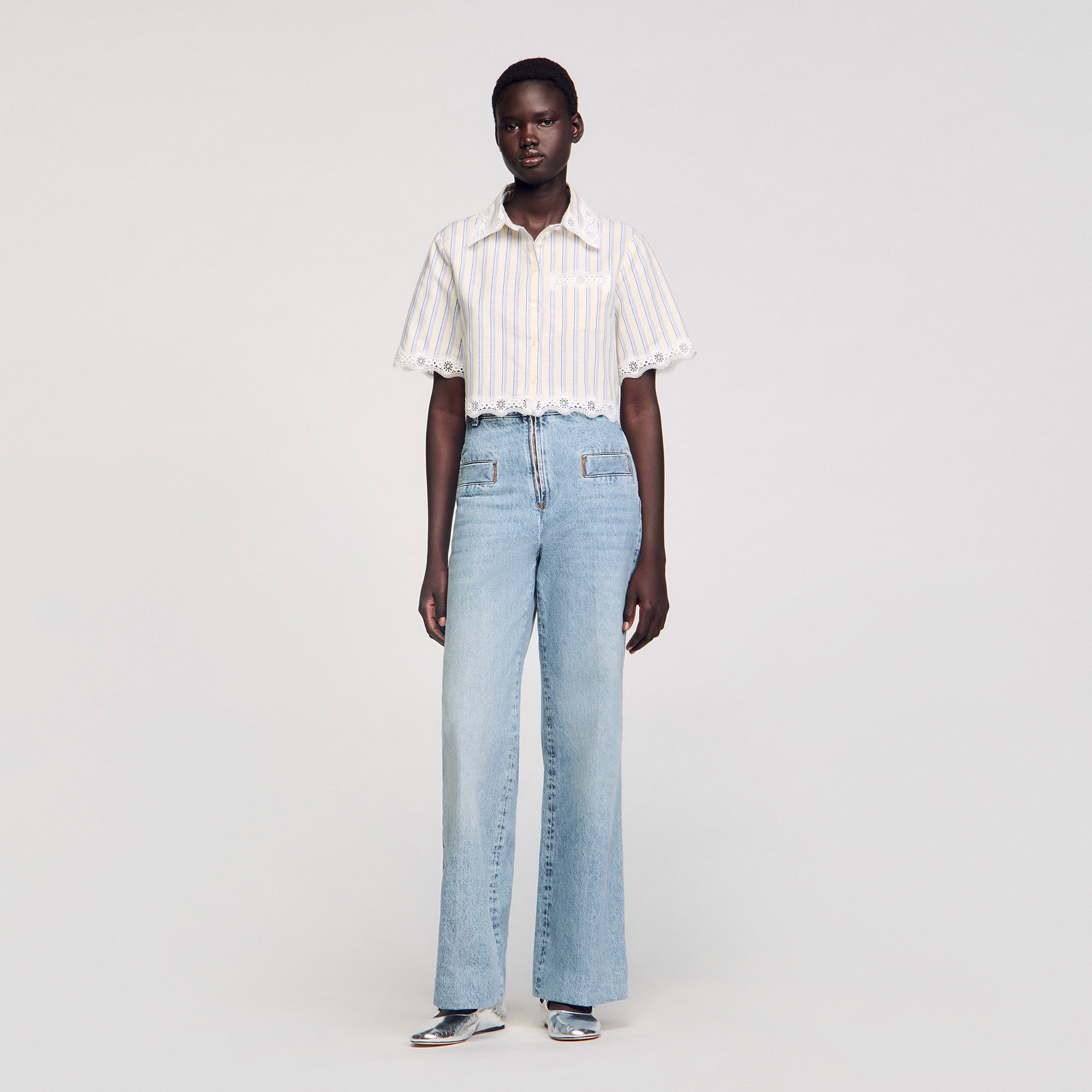 【2plan】Drawy Stripe Crop Shirt 2plan】Drawy Stripe Crop Shirt