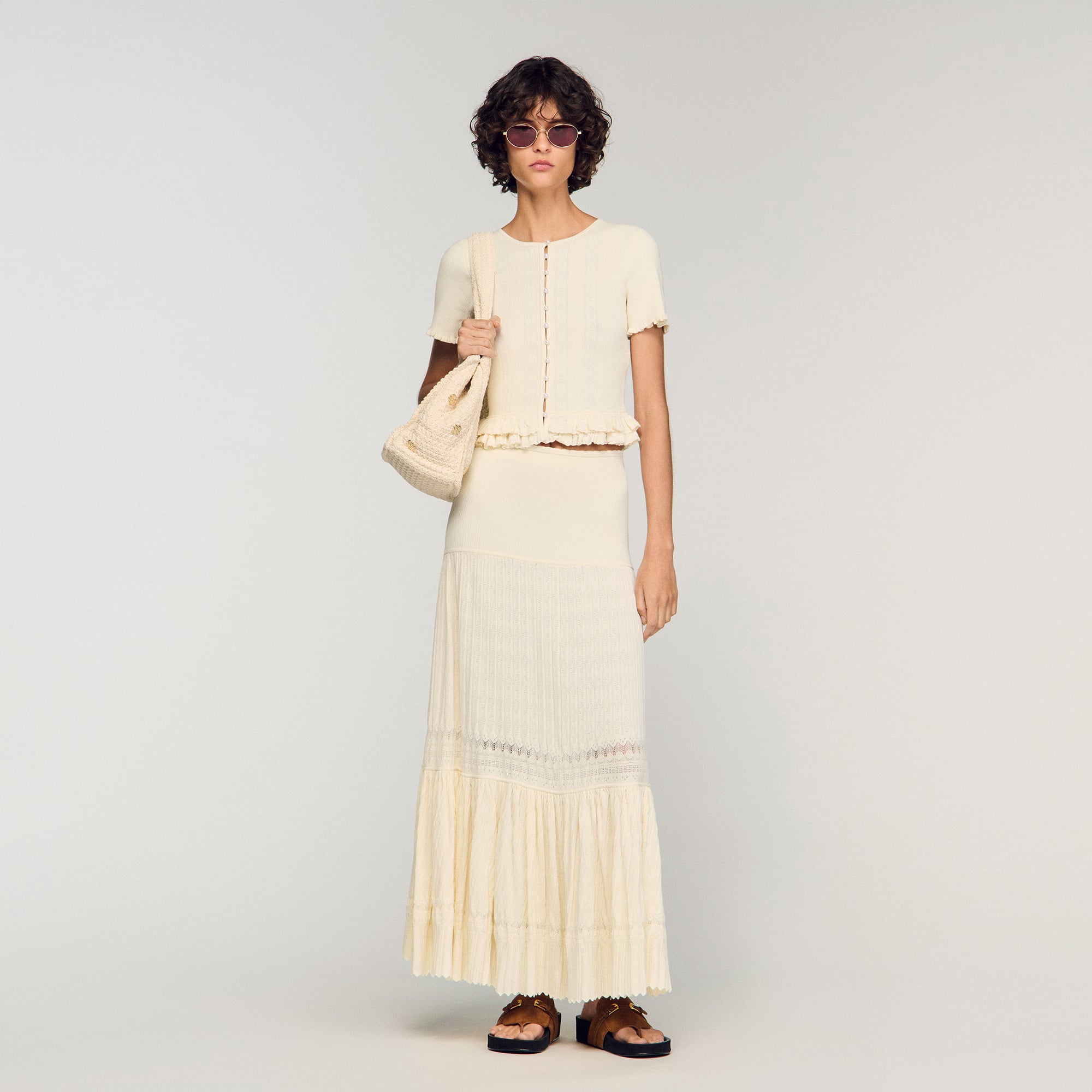 Ruffled knit cardigan white / beige For Women | Sandro Paris