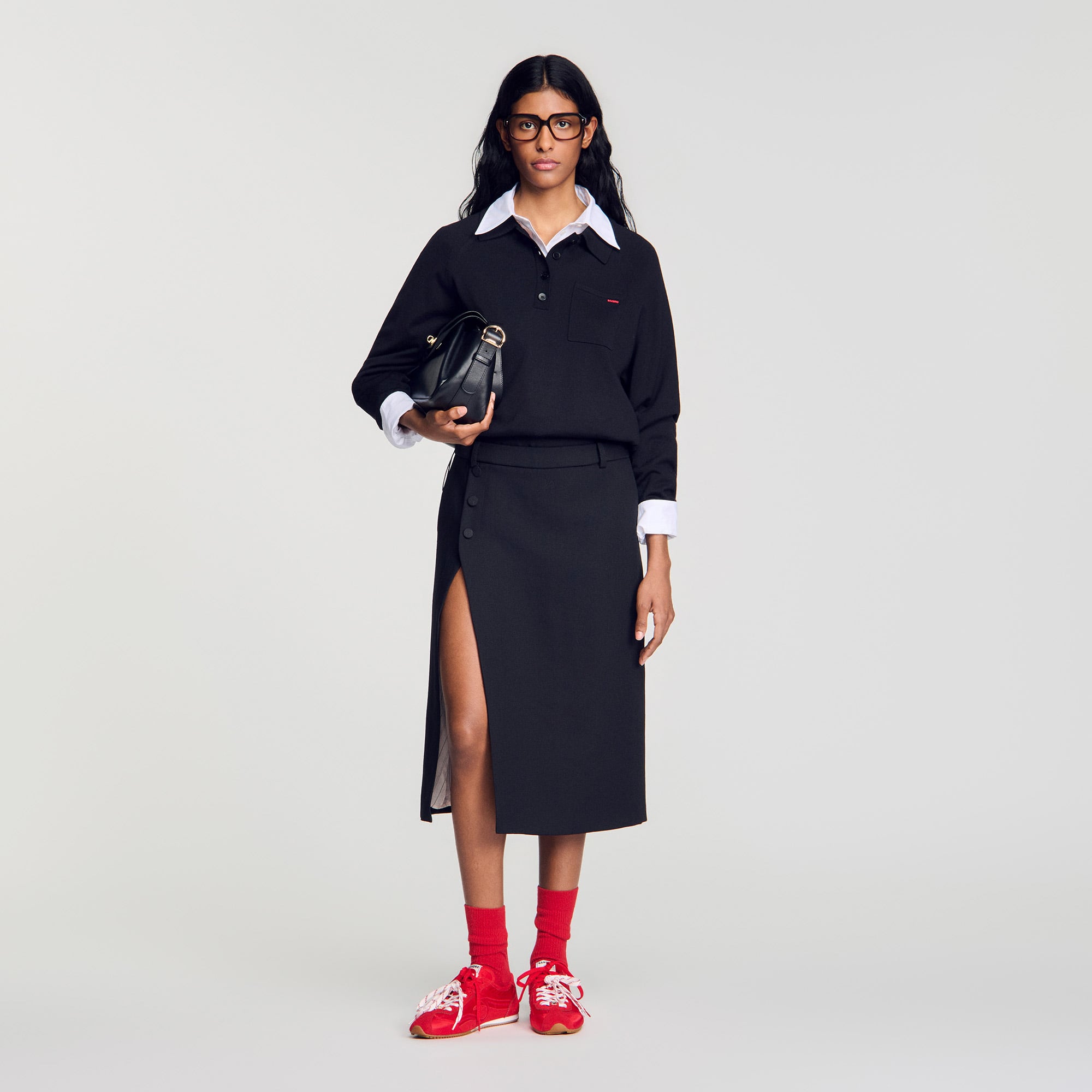 Mid-length slit wool skirt black / gray For Women | Sandro Paris