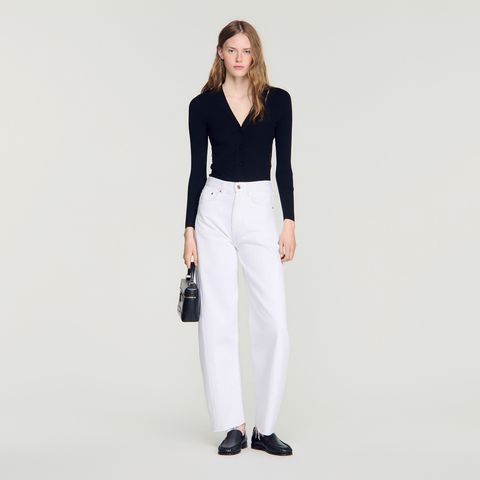 Cardigan with lace panel black / gray For Women | Sandro Paris