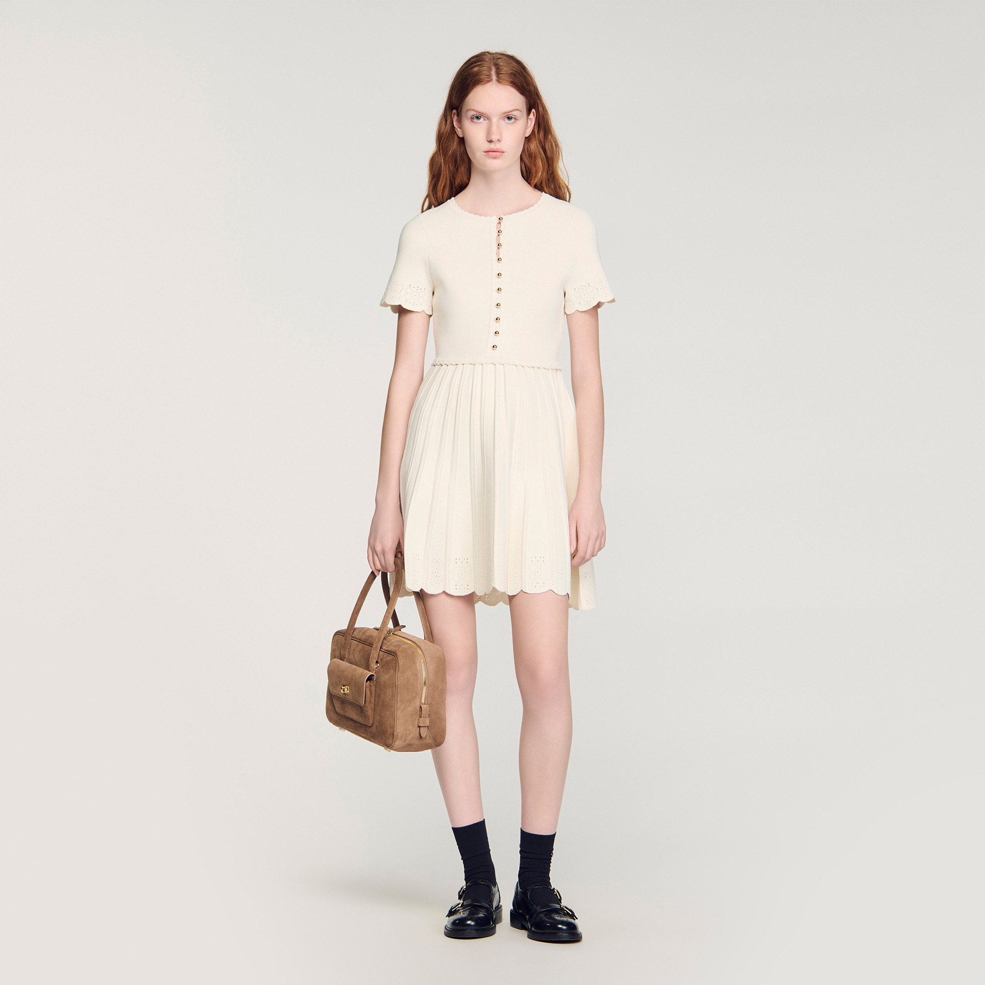 SANDRO 24FW ミニドレス Pointelle knit short dress white / beige For Women | Sandro Paris