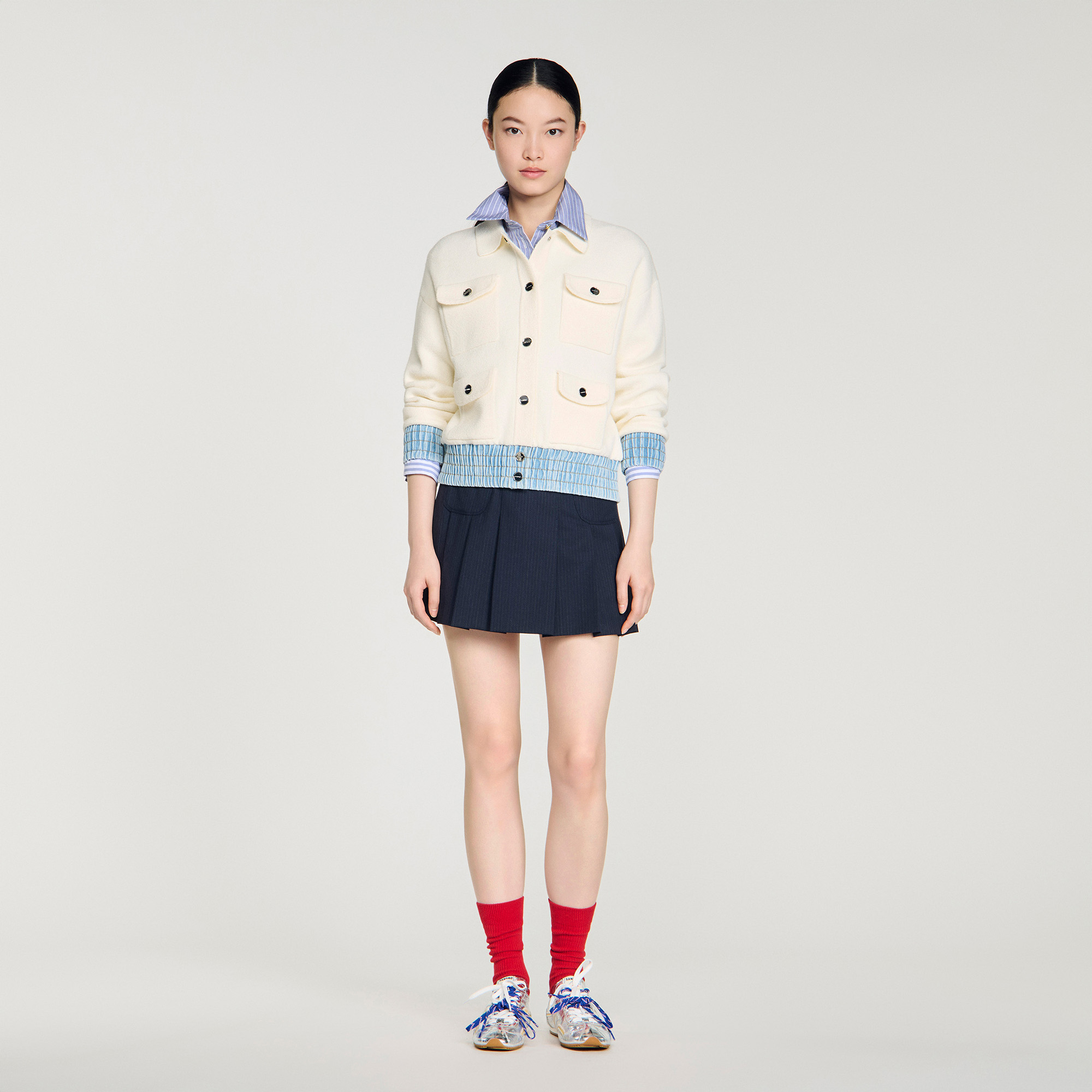 Cardigan with denim details white / beige For Women | Sandro Paris