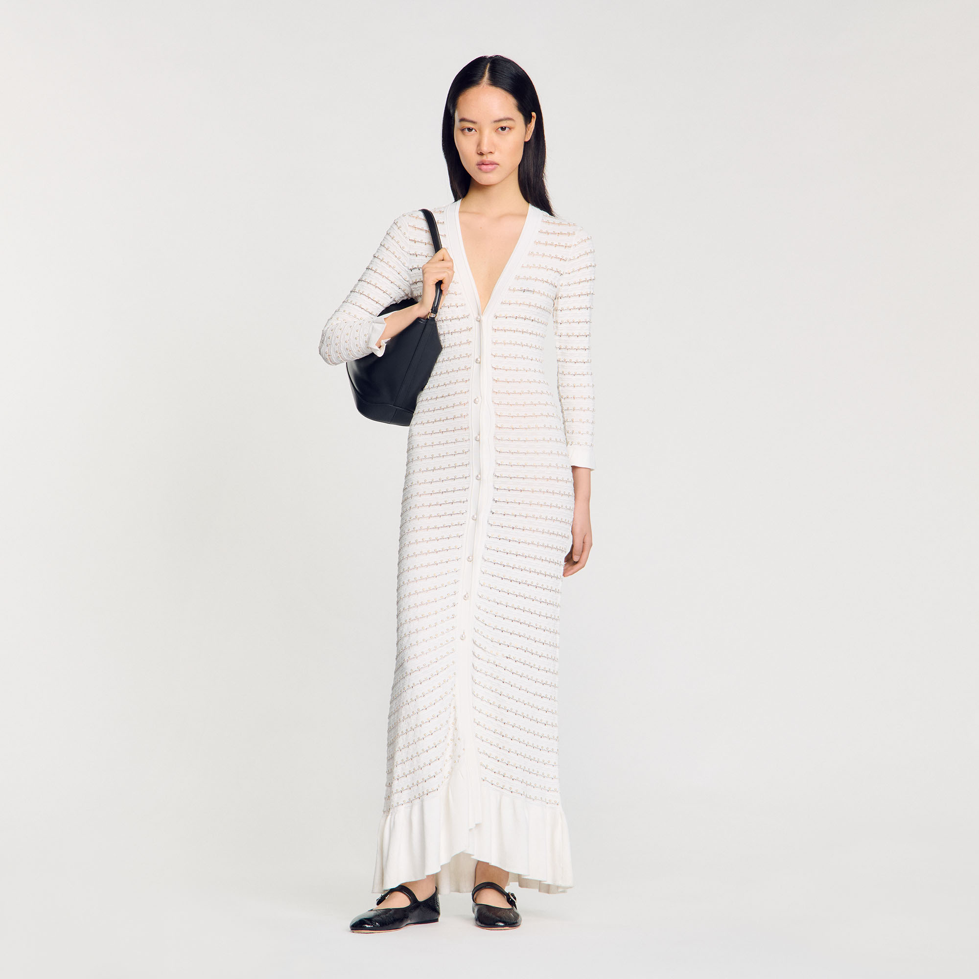 【海外限定】Sandroワンピース☆Long-Sleeve V-Neck Pointelle-K Sandro_SFPRO04088-11_F_1.jpg
