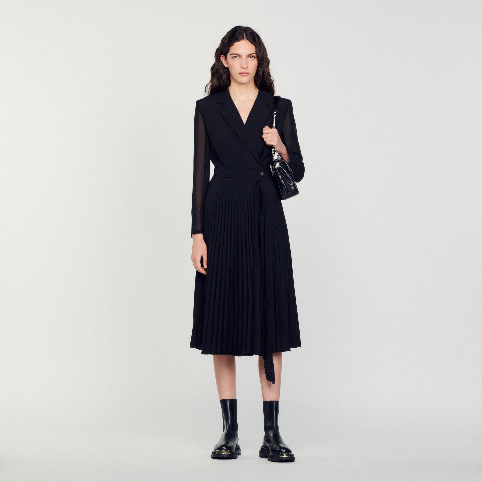Dual-material long-sleeved dress - Dresses - Sandro-paris.com